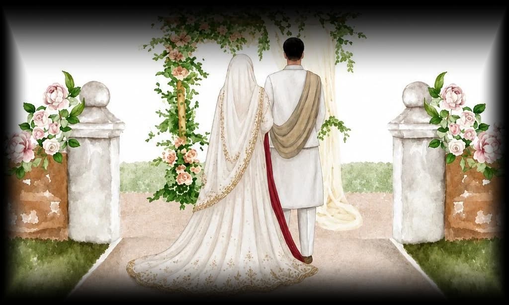 A watercolour of Muneeb and Mariam walking together beneath a flowered arch